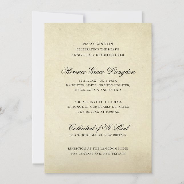Elegant Vintage Paper Victorian Death Anniversary Invitation (Front)