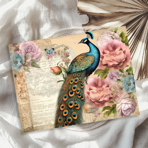 Elegant vintage peacock and blush roses tissue paper