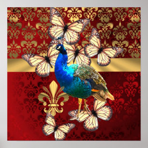 Elegant vintage peacock and red  damask poster
