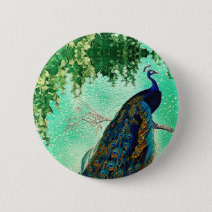 Elegant vintage peacock artwork 6 cm round badge