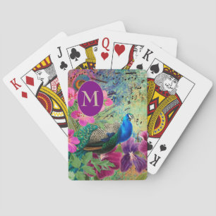 Elegant Vintage Peacock Blue Green Monogram Playing Cards