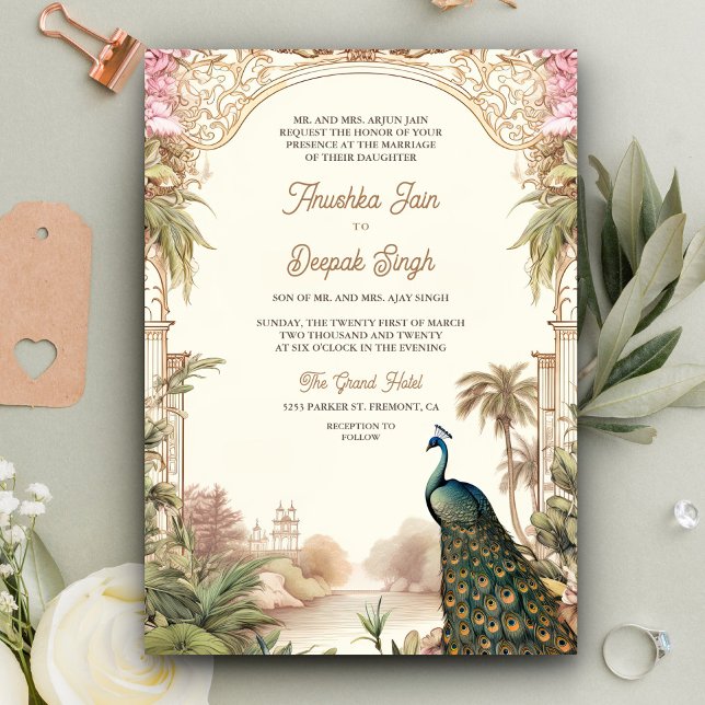 Elegant Vintage Peacock Garden Indian Wedding Invitation (Creator Uploaded)