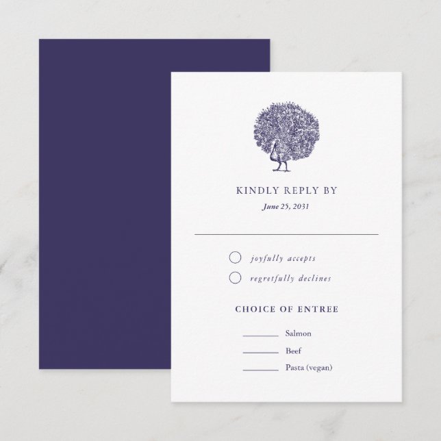 Elegant Vintage Peacock Meal Choice Wedding RSVP Card (Front/Back)