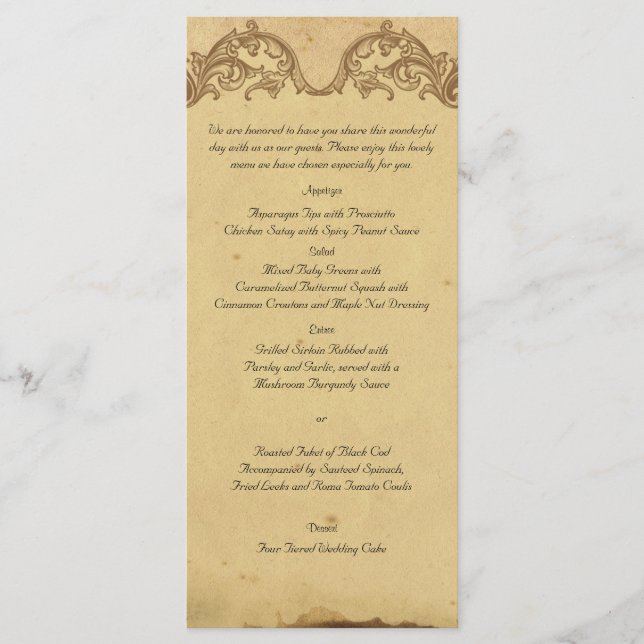 Elegant Vintage Peacock Posh Wedding Menu (Front)