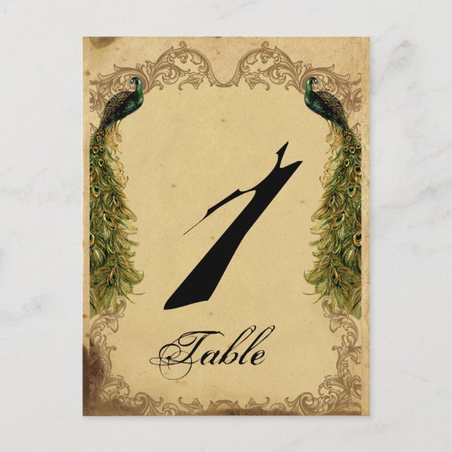 Elegant Vintage Peacock Posh Wedding Table Number Postcard (Front)