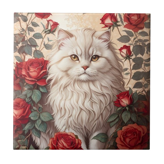Elegant Vintage Persian Cat With Roses Ceramic Tile (Front)