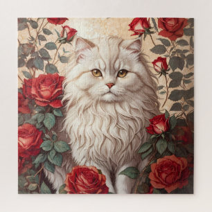 Elegant Vintage Persian Cat With Roses Jigsaw Puzzle