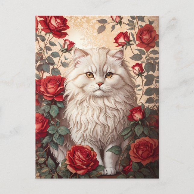 Elegant Vintage Persian Cat With Roses Postcard (Front)