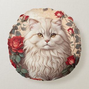 Elegant Vintage Persian Cat With Roses Round Cushion