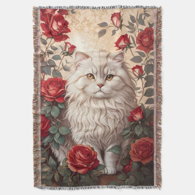 Elegant Vintage Persian Cat With Roses Throw Blanket (Front Vertical)