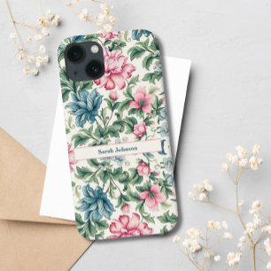 Elegant Vintage Pink Blue White Floral Custom Name iPhone 13 Case