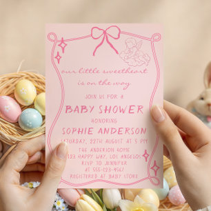Elegant Vintage Pink Bow Baby Shower Invitation