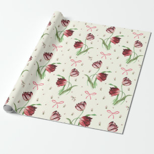 Elegant Vintage Pink Bows Tulips Floral Pattern  Wrapping Paper