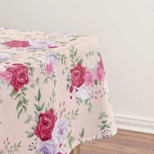 Elegant Vintage Pink & Burgundy Floral Pattern Tablecloth (In Situ)