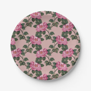 Elegant Vintage Pink Floral Flower Pattern Paper Plate