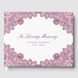 Elegant Vintage Pink Floral Lace Memorial Funeral Guest Book