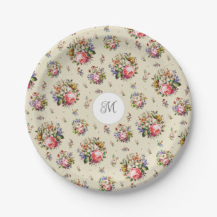 Elegant Vintage Pink Floral Pattern Name Monogram Paper Plate