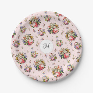 Elegant Vintage Pink Floral Pattern Name Monogram Paper Plate