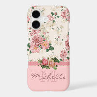 Elegant Vintage Pink Floral Rose Monogram Name