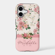 Elegant Vintage Pink Floral Rose Monogram Name