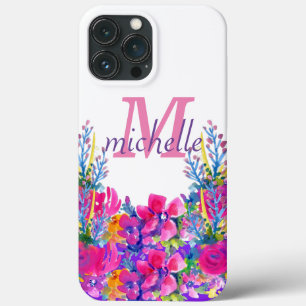 Elegant Vintage Pink Floral Rose Monogram Name Cas iPhone 13 Pro Max Case