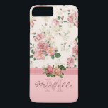 Elegant Vintage Pink Floral Rose Monogram Name iPhone 8 Plus/7 Plus Case<br><div class="desc">This case features an elegant vintage floral pink rose pattern on the top, a mauve ribbon, two beautiful roses placed on the ribbon, and a rose colour bottom. There you can customise the monogram and the name. Eliminate an element to just have a monogram or just a name, it&#39;s up...</div>