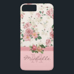 Elegant Vintage Pink Floral Rose Monogram Name iPhone 8 Plus/7 Plus Case<br><div class="desc">This case features an elegant vintage floral pink rose pattern on the top, a mauve ribbon, two beautiful roses placed on the ribbon, and a rose colour bottom. There you can customise the monogram and the name. Eliminate an element to just have a monogram or just a name, it&#39;s up...</div>