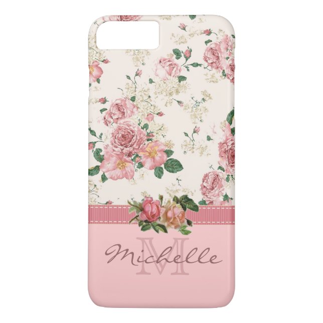 Elegant Vintage Pink Floral Rose Monogram Name Case-Mate iPhone Case (Back)