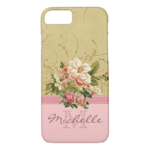 Elegant Vintage Pink Floral Rose Monogram Name iPhone 8/7 Case
