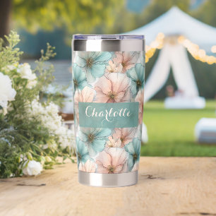 Elegant Vintage Pink & Green Floral Personalized Insulated Tumbler