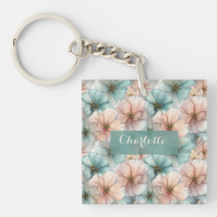 Elegant Vintage Pink & Green Floral Personalized Key Ring