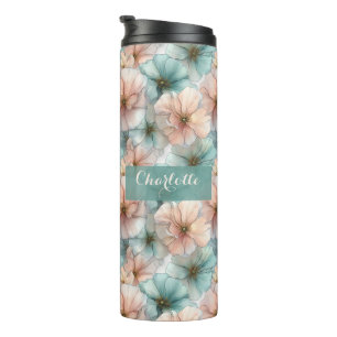 Elegant Vintage Pink & Green Floral Personalized Thermal Tumbler