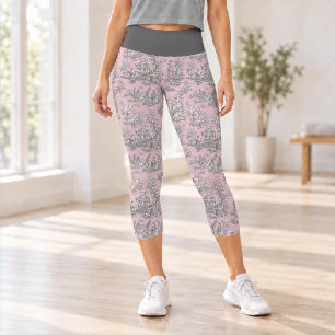 Elegant vintage pink grey toile de jouy capri leggings