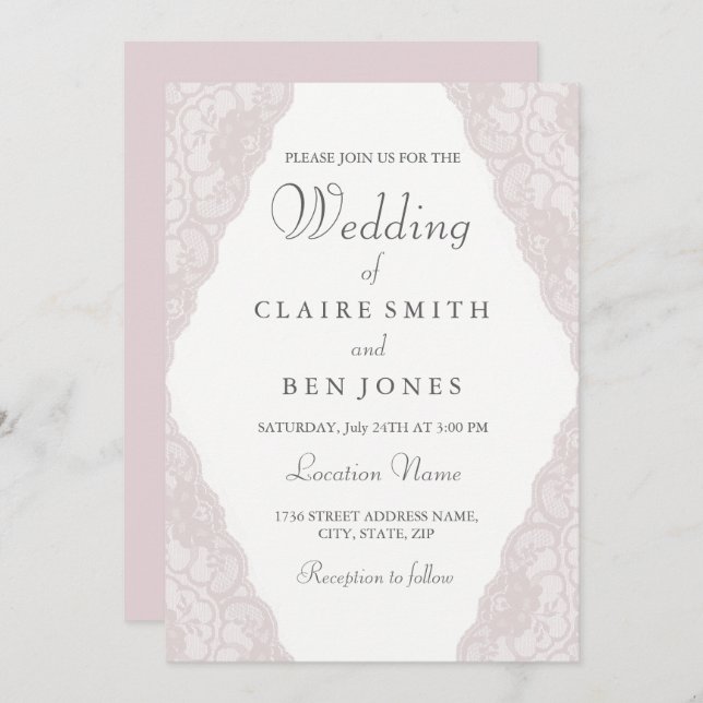 Elegant Vintage Pink lace Wedding Invitation (Front/Back)