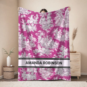 Elegant vintage pink magenta lake toile de jouy fleece blanket