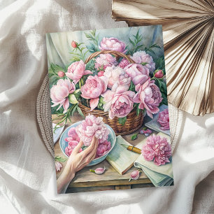Elegant vintage pink peonies in basket tissue paper