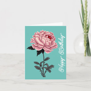 Elegant Vintage Pink Peony Happy Birthday Green Card