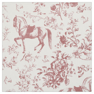 Elegant Vintage Pink Red Horse Floral Toile Fabric