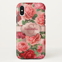 Elegant Vintage Pink Red Roses Floral Monogrammed