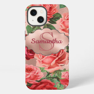 Elegant Vintage Pink Red Roses Floral Monogrammed iPhone 13 Case