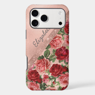Elegant Vintage Pink Red Roses Floral Monogrammmed