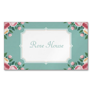 Elegant Vintage Pink Rose Floral Teal Green Magnetic Business Card