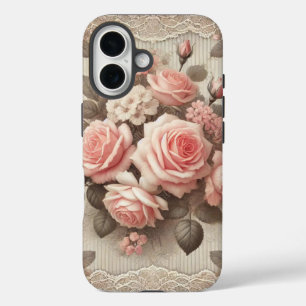 Elegant Vintage Pink Rose Floral with Lace iPhone 16 Case
