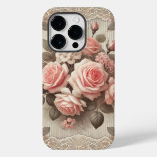Elegant Vintage Pink Rose Floral with Lace Case-Mate iPhone 14 Pro Case