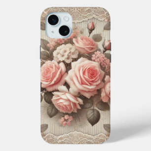 Elegant Vintage Pink Rose Floral with Lace iPhone 15 Mini Case