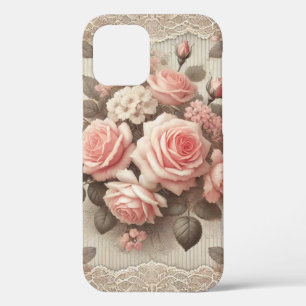 Elegant Vintage Pink Rose Floral with Lace  iPhone 12 Pro Case
