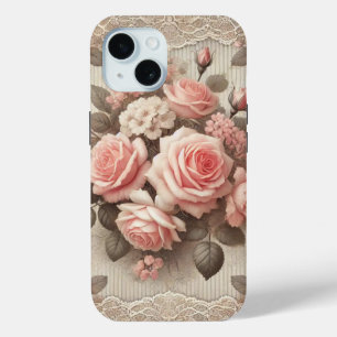 Elegant Vintage Pink Rose Floral with Lace iPhone 15 Case