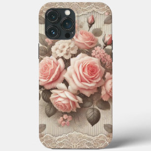 Elegant Vintage Pink Rose Floral with Lace  iPhone 13 Pro Max Case