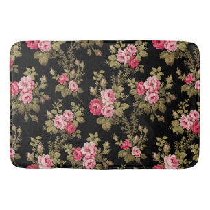 Elegant Vintage Pink Roses-Black Background Bath Mat
