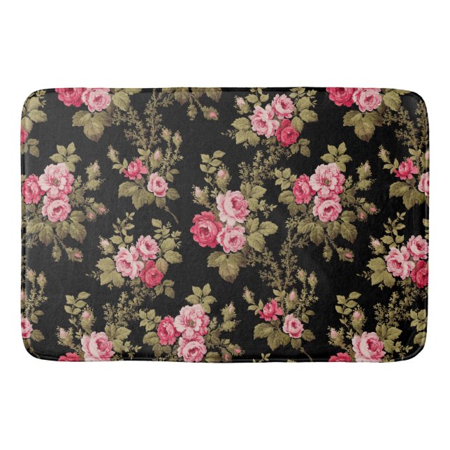 Elegant Vintage Pink Roses-Black Background Bath Mat (Front)